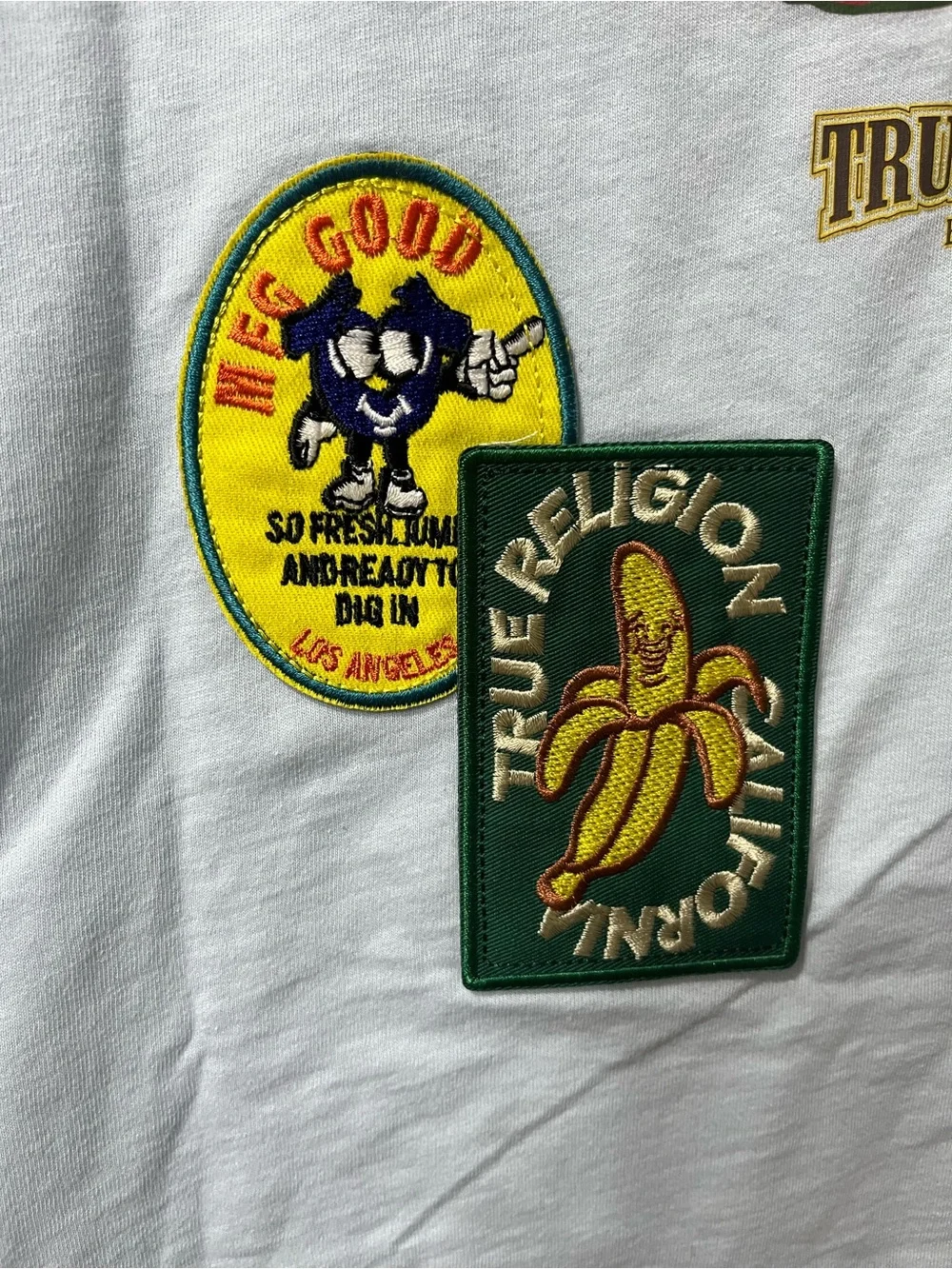 True Religion Light Blue Short-Sleeve Logo Tee with Yellow Accents